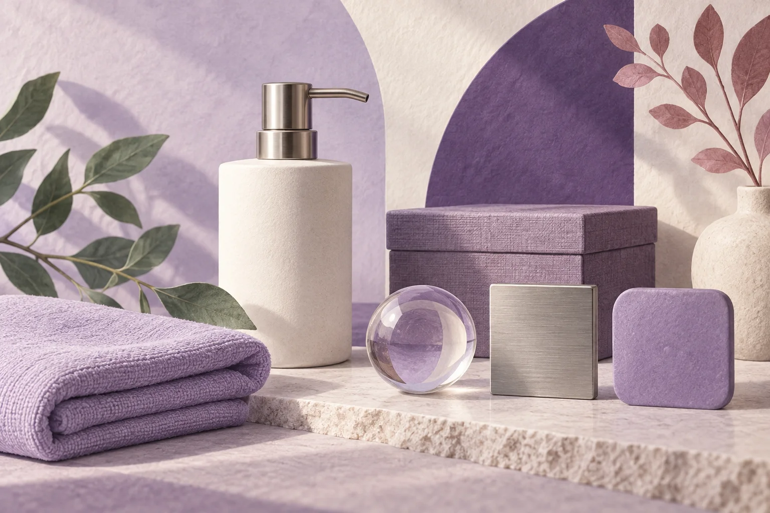 Symbolische Illustration mit Tuch, Aufbewahrungsbox und abstrakten Materialproben